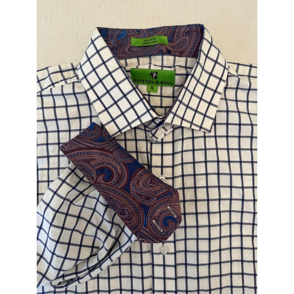 Bristol & Bull Dress Shirt‎ Men's XL White Windowpane Paisley Flipcuff
